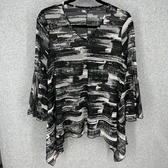 Dor Dor Couture Soft Mesh Flowy Top Size 3X Black White Arsty Witchy Bell Sleeve - Picture 1 of 12